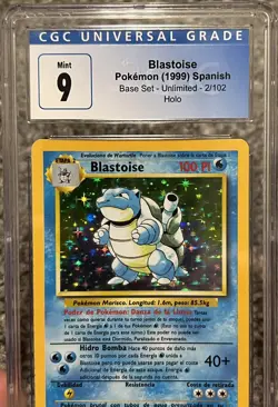 1999 Pokemon SPANISH Blastoise 💦 Base Set Holo 2/102 CGC 9 Mint Pop 2 - Image 2