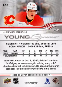 2025-26 Upper Deck Series 2 #466 Matvei Gridin Young Guns Rookie Card Flames NHL - Image 2