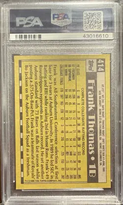 1990 Topps Frank Thomas #414 Name on Front RC Rookie card PSA 10 Gem Mint HOF - Image 2