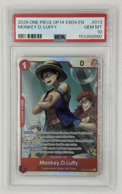 ONE PIECE MONKEY D LUFFY #013 THE AZURE SEA'S SEVEN OP14 PSA 10 GEM MINT SR - Image 1