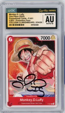 CGC Auth Auto 10 Colleen Clinkenbeard Monkey.D.Luffy P-001 One Piece Demo Deck - Image 1