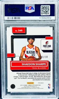 2022 Shaedon Sharpe Donruss Optic Rated Rookie Gold /10 RC Prizm PSA 9 - Image 2