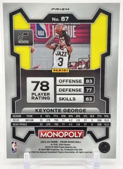 2023-24 Panini Prizm Monopoly Keyonte George #87 Purple RC Jazz - Image 2