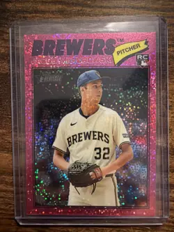 2026 Topps Heritage Jacob Misiorowski #144 Pink Sparkle RC Brewers SP - Image 1