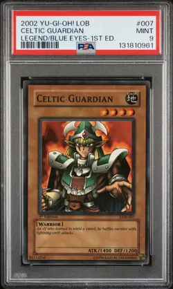 2002 YU-GI-OH! LOB-LEGEND OF BLUE EYES WHITE DRAGON #007 CELTIC GUARDIAN PSA 9 - Image 1