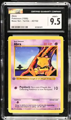CGC 9.5 MINT+ Abra 43/102 1st Edition Shadowless Base Set Pokemon Card - Image 1