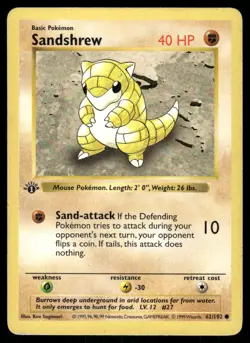 Pokemon Cards Sandshrew 62/102 1st Edition Base Set Shadowless Common MP *5 - Image 1