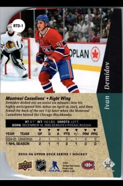 2025-26 Upper Deck Series 1 Ivan Demidov Gold Die Cut Rookie Card #RTD-1 RC - Image 2