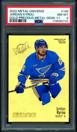 2022-23 Skybox Metal Universe Stars PMG GOLD 1/1 Jordan Kyrou #146 Blues - Image 1