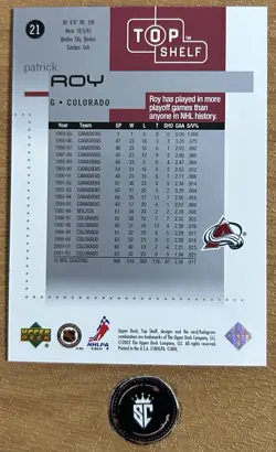 Patrick Roy 2002-03 Upper Deck Top Shelf Base Set #21 Colorado Avalanche - Image 2