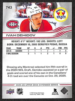 2025-26 Upper Deck Extended 1 st Round Draft Ivan Demidov #743 RC - Image 2