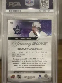 2023-24 UPPER DECK SERIES 1 #222 MATTHEW KNIES YOUNG GUNS RC ROOKIE PSA 10 - Image 2