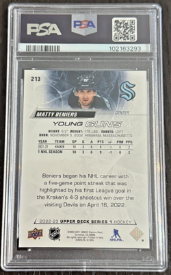 2022 UPPER DECK #213 MATTY BENIERS YOUNG GUNS RC ROOKIE PSA 9 MINT - Image 2