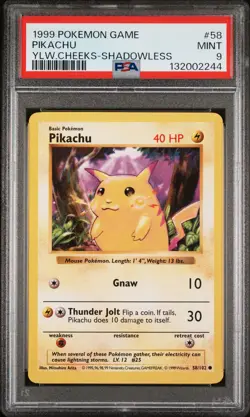 1999 POKEMON BASE SET SHADOWLESS YELLOW CHEEKS #58 PIKACHU PSA 9 - Image 1
