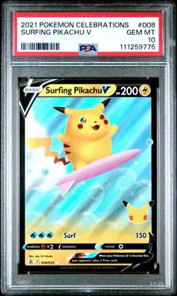 Pokemon Cards Surfing Pikachu V 008/025 Full Art Celebrations - PSA 10 GEM MINT - Image 1