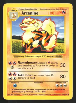 Arcanine 23/102 Base Set (Shadowless) Uncommon Pokemon Card - Image 1