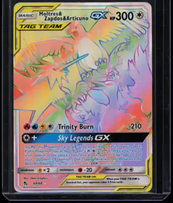 MOLTRES & ZAPDOS & ARTICUNO GX 69/68 RAINBOW RARE HIDDEN FATES POKEMON HOLO LP - Image 1