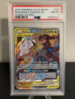 2019 Pokemon Sun & Moon Reshiram & Zekrom GX Cosmic Eclipse #157 PSA 8 NM-MT - Image 1