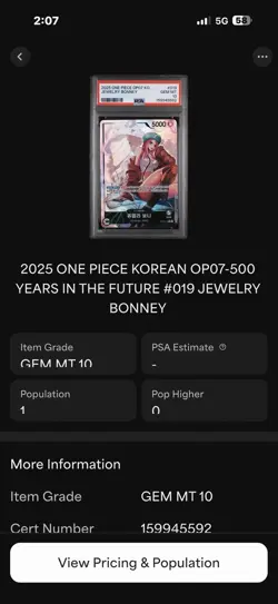 2024 ONE PIECE KOREAN OP07-019 JEWELRY BONNEY PSA 10 POPULATION 1 of 1! - Image 2