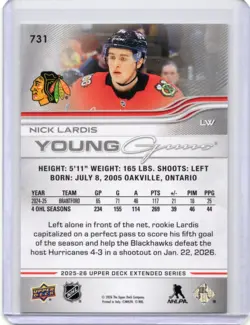 2025-26 Upper Deck Extended Series Nick Lardis Young Guns # 731 - Blackhawks - Image 2
