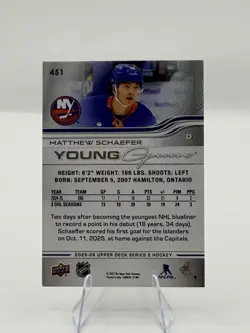 2025-26 Upper Deck Young Guns Matthew Schaefer #451 - Image 2