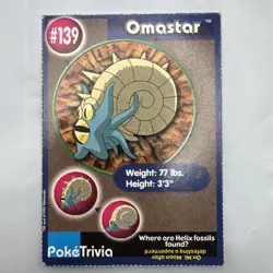 Omastar #139 Burger King PERFORATED Poke Trivia Card 1999 Pokemon Card - LP - Image 1