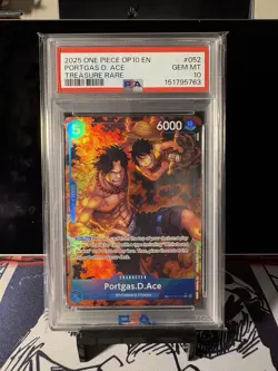 ONE PIECE PORTGAS D. ACE 2025 OP10-ROYAL BLOOD TREASURE RARE ACE #052 PSA 10 - Image 1