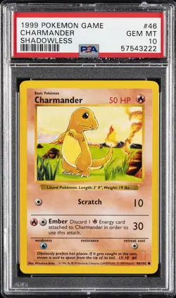 1999 POKEMON BASE SET SHADOWLESS #46 CHARMANDER PSA 10 - Image 1