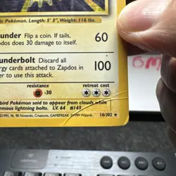 Pokemon Zapdos 016/102 Base Set Holo Heavy Play/Damaged - Image 2