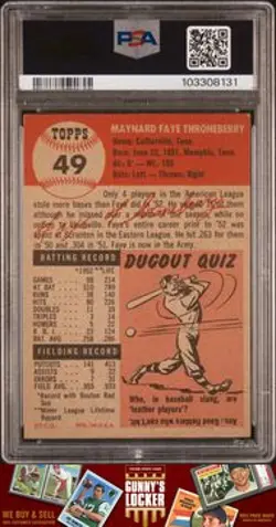 1953 Topps Faye Throneberry 49 Boston Red Sox PSA 3 VG - Image 2