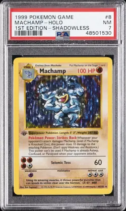 1999 POKEMON GAME 1ST EDITION-SHADOWLESS #8 MACHAMP-HOLO PSA 7 - Image 1