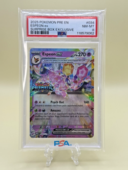 2025 Pokemon Prismatic Evolutions Espeon EX Surprise Box Stamp 034 PSA 8 - Image 1