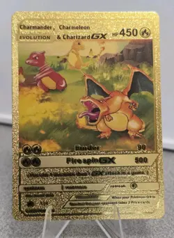 Pokemon Charmander Charmeleon Charizard GX Gold Foil Fan Art Collector Card TCG - Image 1
