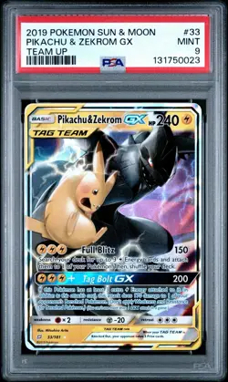 PIKACHU & ZEKROM GX 2019 POKEMON TEAM UP RARE HOLO GX 33/181 PSA 9 - Image 2