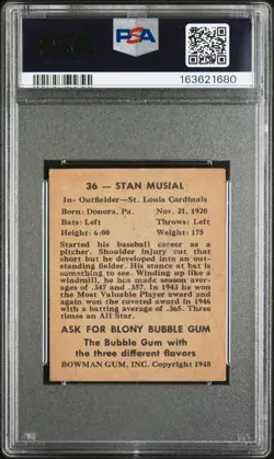 1948 BOWMAN #36 STAN MUSIAL RC (HOF) ST. LOUIS CARDINALS PSA 2 GOOD Rookie Card - Image 2