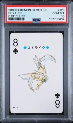 2000 POKEMON SILVER VERSION PLAYING CARDS 8 OF CLUBS #123 SCYTHER PSA 10 - Image 1