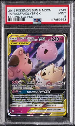 2019 POKEMON SUN & MOON COSMIC ECLIPSE #143 TOGEPI & CLEFFA & IGGLYBUFF GX PSA 9 - Image 1