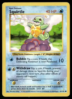 Squirtle 63/102 Common Base Set Shadowless Pokemon NM/M - Image 1