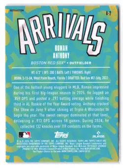2026 Topps Finest Roman Anthony #A-2 Arrivals Refractor Rookie RC - Image 2