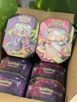 Pokemon TCG: Mega Moonlit Tins Sealed Case of 6 Tins Gengar Clefable Opened Box - Image 1