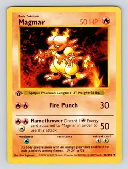 MP* 1st edition Pokemon MAGMAR Card BASE Set 36/102 First ed Shadowless - Image 1