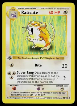 Pokemon Card - Raticate Base Set Shadowless 40/102 1st Edition Uncommon - Image 1