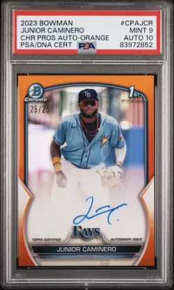 JUNIOR CAMINERO 2023 BOWMAN CHROME 1st ORANGE REF RC AUTO 25/25 PSA 9/10 Auto - Image 1