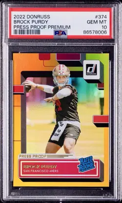 2022 PANINI DONRUSS PRESS PROOF PREMIUM BROCK PURDY 374 PSA 10 RATED ROOKIE RC - Image 1