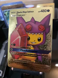 Pokemon Pikachu Mega Sableye Tag Cosplay Poncho Gold Foil Fan Art Collector Card - Image 2