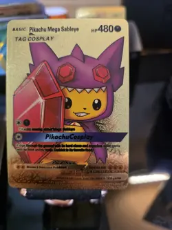 Pokemon Pikachu Mega Sableye Tag Cosplay Poncho Gold Foil Fan Art Collector Card - Image 3
