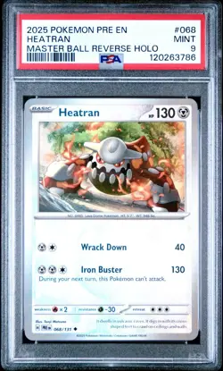 2025 Pokemon Prismatic Evolutions Heatran Reverse Holo Master Ball 068/131 PSA 9 - Image 1