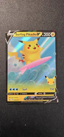 Pokemon TCG Surfing Pikachu v Celebrations Holo Ultra Rare Card 008/025 - Image 1