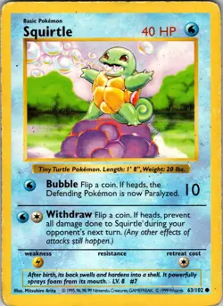 Squirtle 63/102 1999 Base Set Unlimited Regular Common Shadowless HP - Image 1