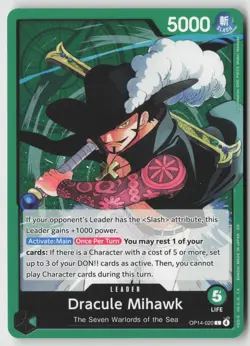 Dracule Mihawk OP14-020 Leader The Azure Sea's Seven One Piece Near Mint - Image 1